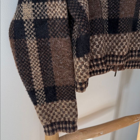 ZARA Plaid Zip Up Collared Soft Knit Sweater Brown Black Tan with Pockets L - Picture 12 of 16